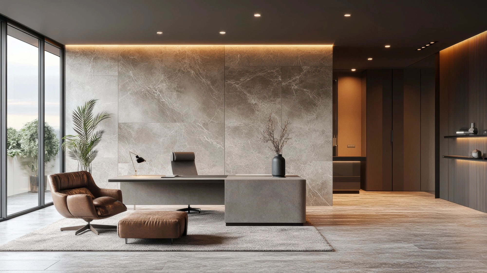 A finished living room at dusk