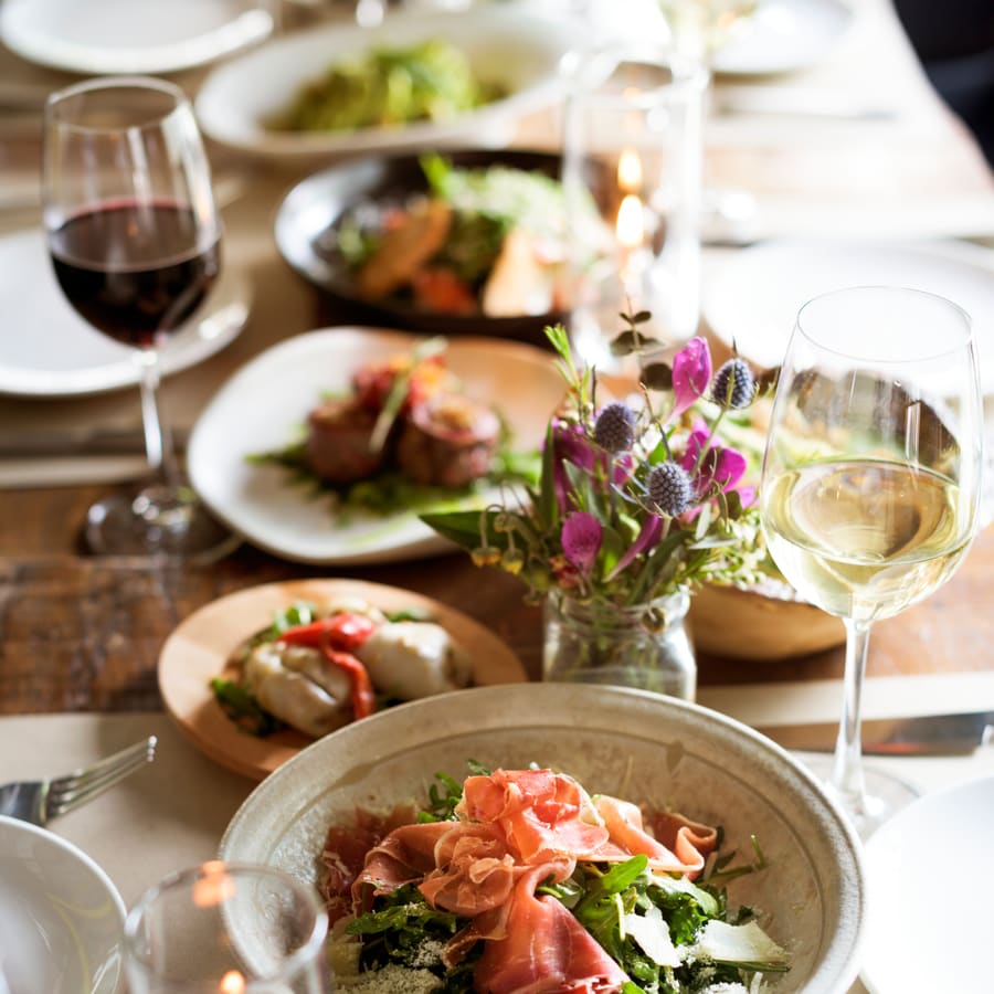 A shared table set for a large party