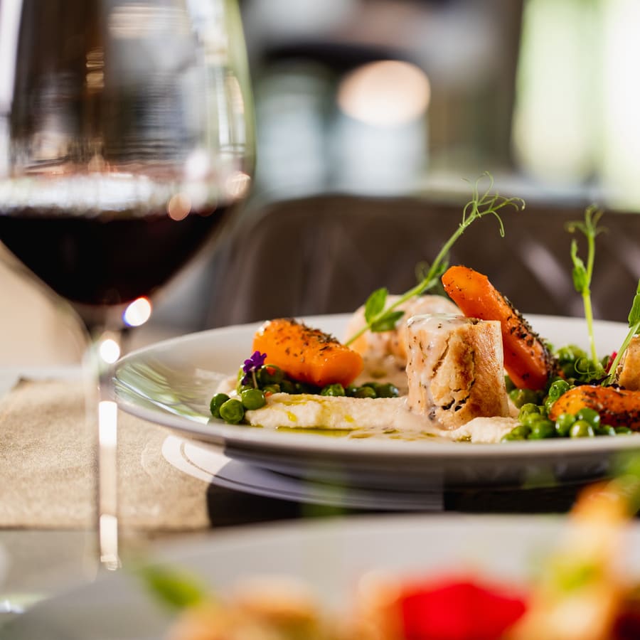Dinner and wine at a set table