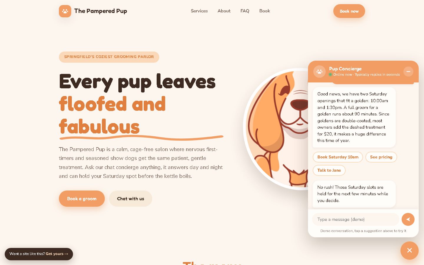 Demo grooming salon website with an open AI chat widget answering a customer