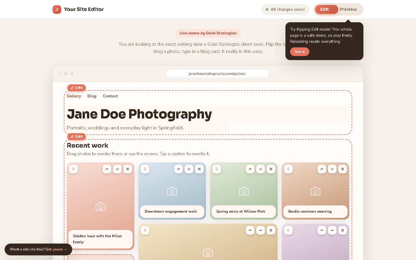 Demo site editor showing drag and drop gallery editing a client can do themselves