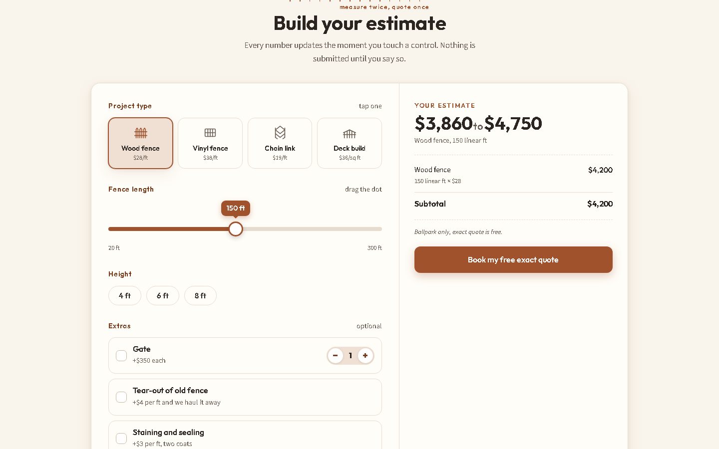 Demo fencing website with a live price calculator and itemized estimate