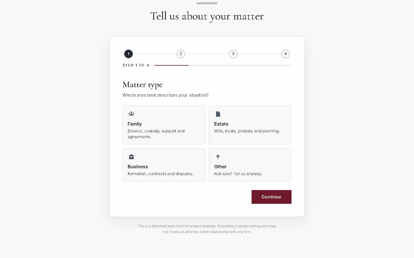 Demo law office website with a four step client intake form and progress bar