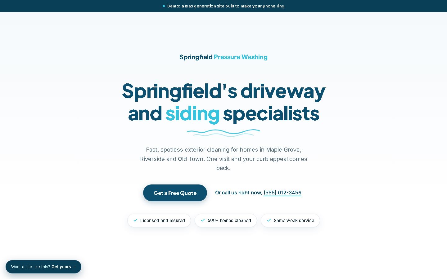 Demo lead generation site for a local pressure washing company