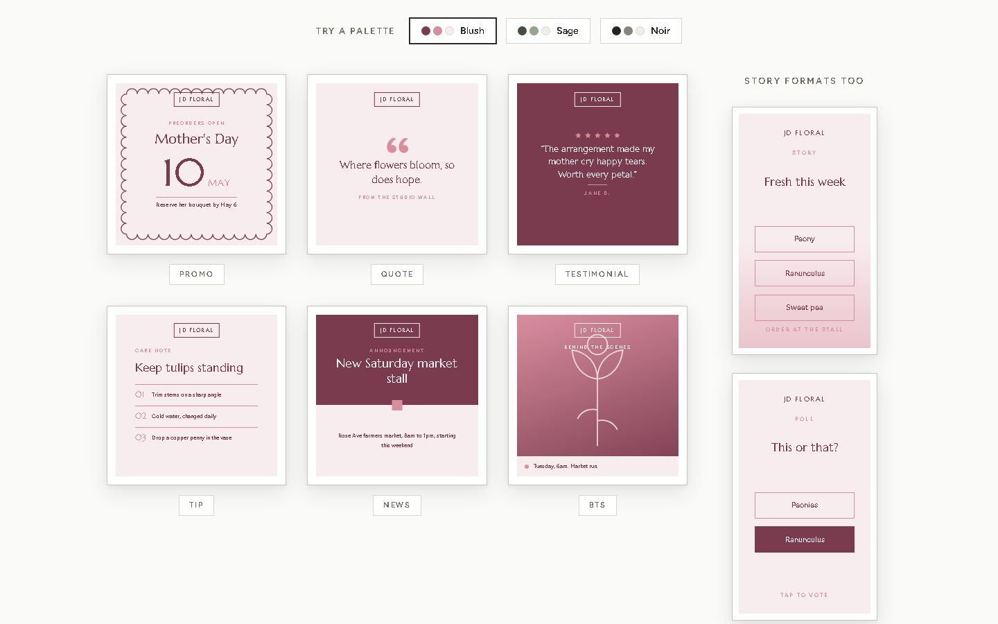 Demo social media template pack for a florist with matching branded posts