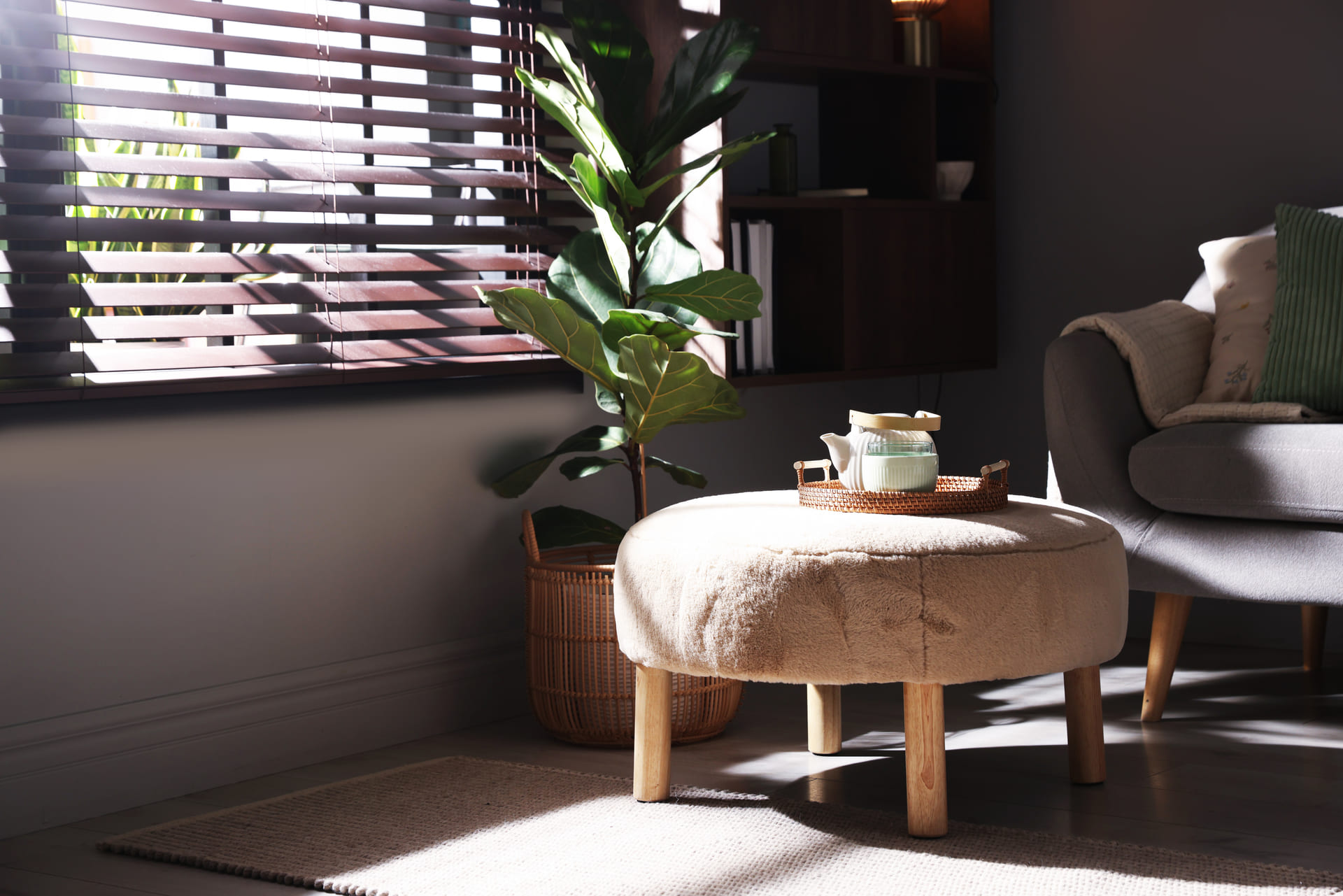 Afternoon light coming through blinds into a cool living room
