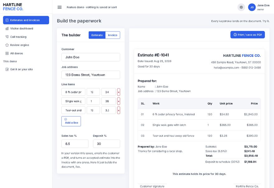 The estimate and invoice builder, building a document live