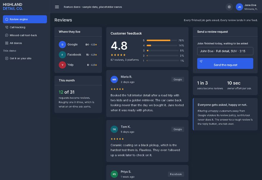 The review engine, showing review requests sent and reviews landed